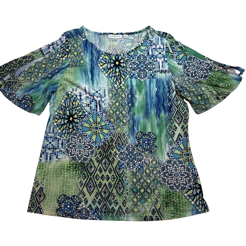 Susan Graver Teal Multi Colored Pullover Top Open Sleeves Sz. Medium